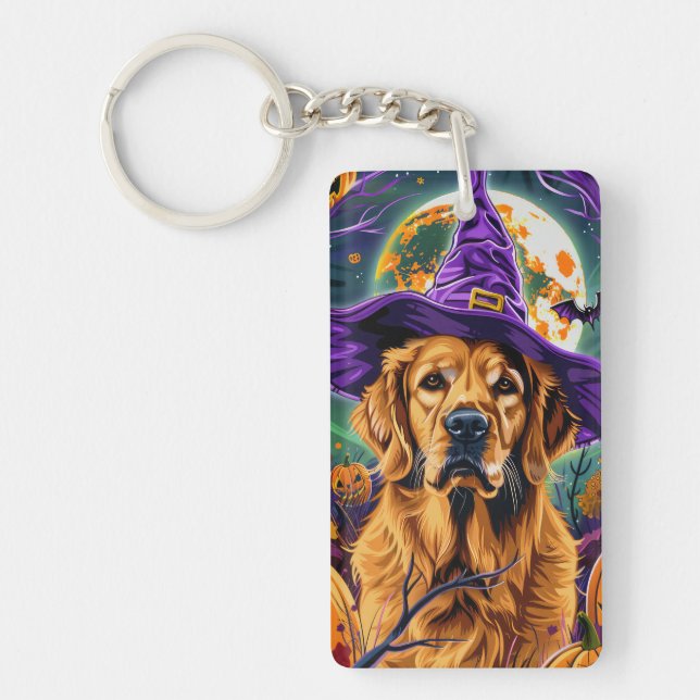 Spooky Golden Retriever Halloween Hexenkürbis Schlüsselanhänger (Vorderseite)