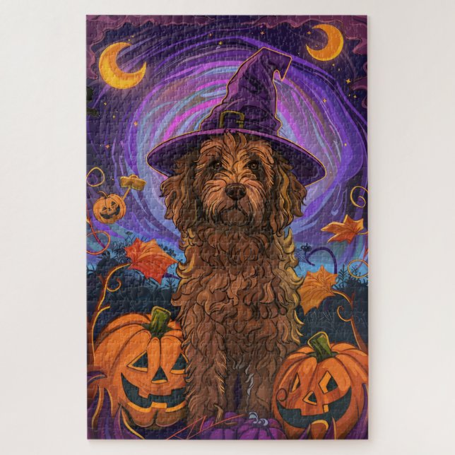 Spooky Goldendoodle Hund Halloween Hexenkürbis (Vertikal)