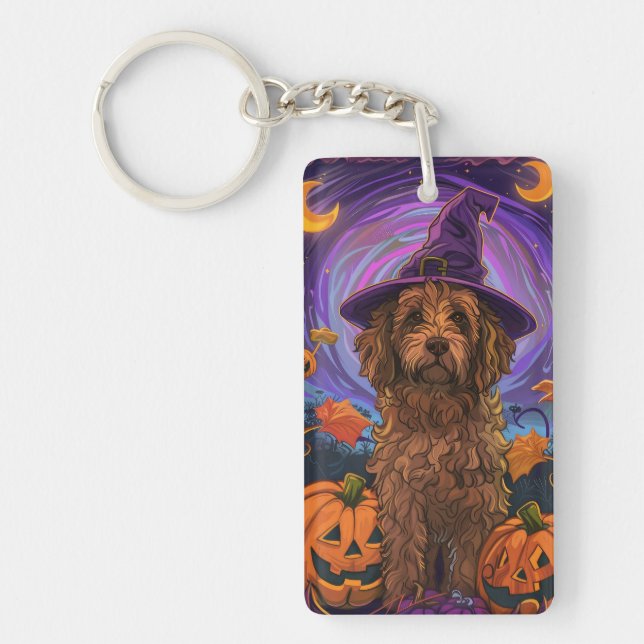 Spooky Goldendoodle Hund Halloween Hexenkürbis Schlüsselanhänger (Vorderseite)
