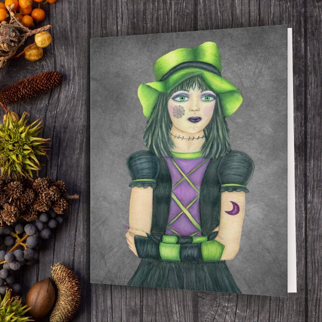 Spooky Goth Girl Green Hat Lila Black Dress Grau Karte (Von Creator hochgeladen)