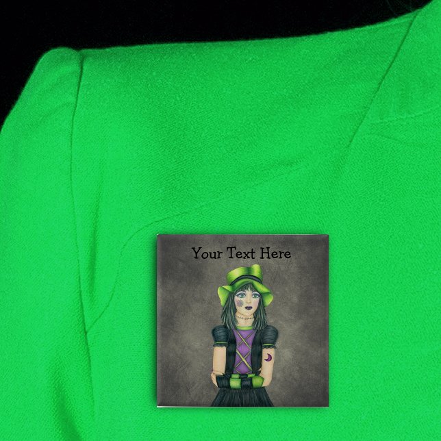 Spooky Goth Teen Girl Green Hat Tattoos Gray Button (Gothic teen girl spiderweb, moon Tattoos green hat on dark grey with glowing green pin back button.)