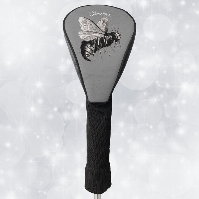 Spooky Gothic Big Bee Skull on Wings Grau Golf Headcover (Gothic spooky flying bee in black with skulls on wings on grey golf driver cover.)