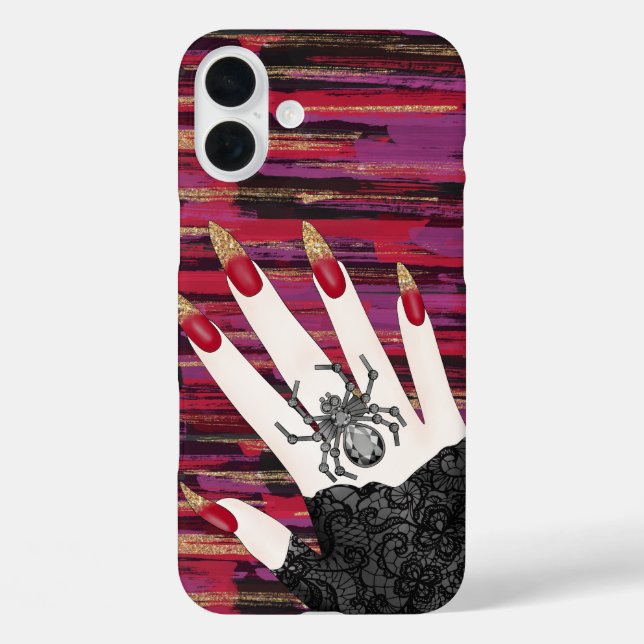 SPOOKY GOTHIC FRAUEN HAND MIT LANGEN NAILEN iPhone 16 PLUS HÜLLE (Rückseite)