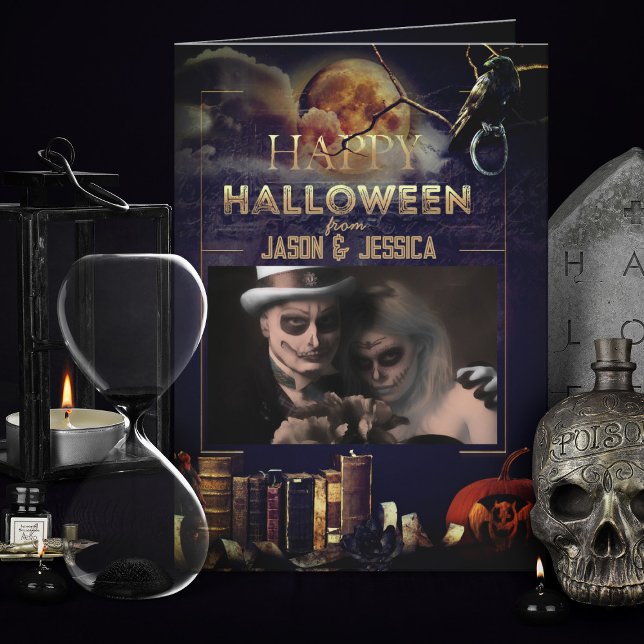 Spooky Gothic Raven Full Moon Foto Halloween Card Dankeskarte (spooky gothic black Halloween Card with photo)