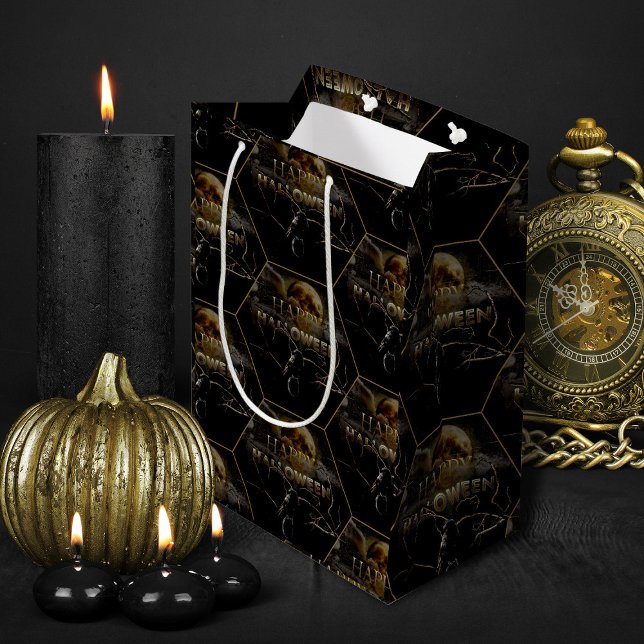 Spooky Gothic Raven in Full Moon Adult Halloween Mittlere Geschenktüte (black and gold elegant Halloween treats gift bag)