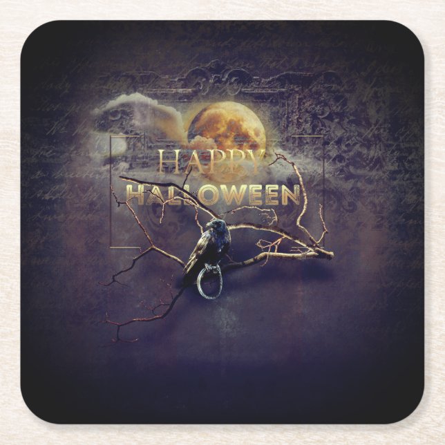 Spooky Gothic Raven in Vollmond Adult Halloween Rechteckiger Pappuntersetzer (Vorderseite)