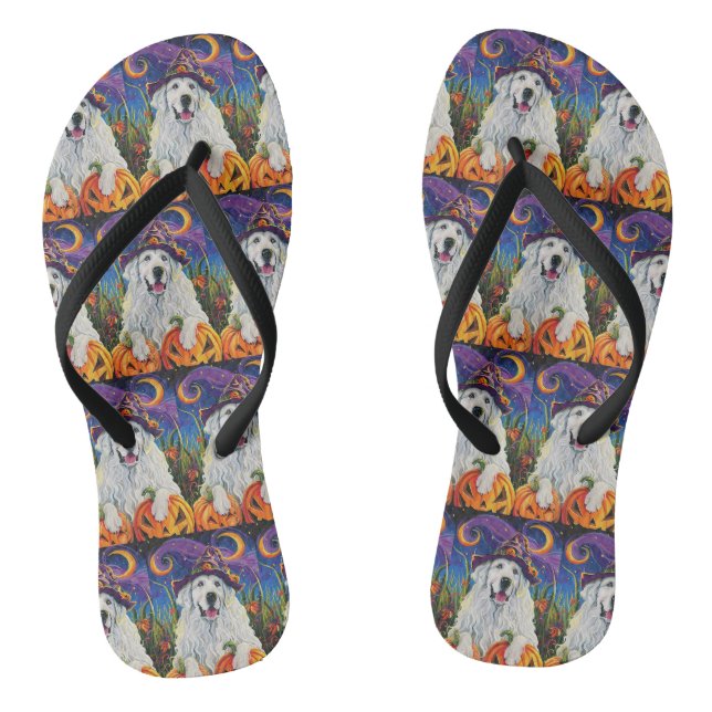 Spooky Great Pyrenäen Hund Halloween Hexenkürbis Flip Flops (Fußbett)