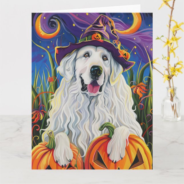 Spooky Great Pyrenäen Hund Halloween Hexenkürbis Karte (Gelbe Blume)