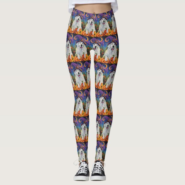 Spooky Great Pyrenäen Hund Halloween Hexenkürbis Leggings (Vorderseite)