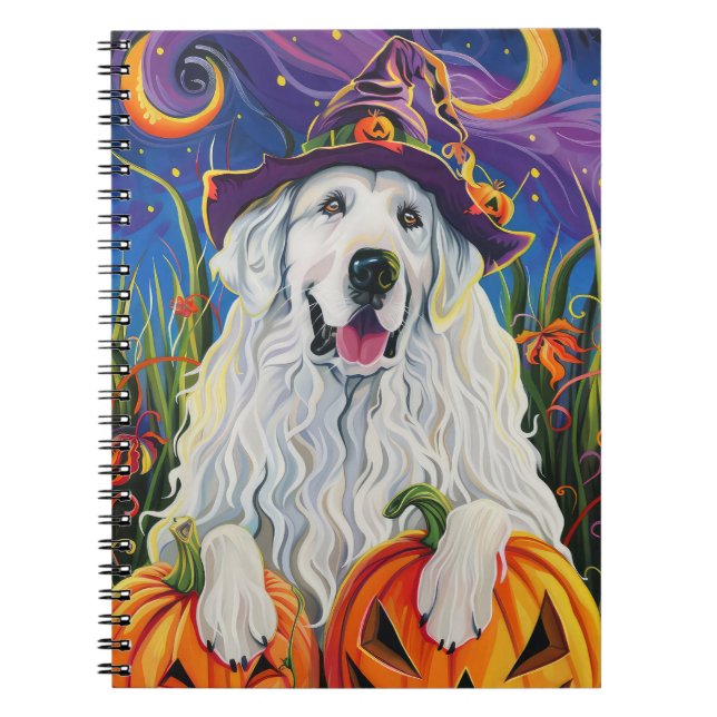 Spooky Great Pyrenäen Hund Halloween Hexenkürbis Notizblock (Vorderseite)