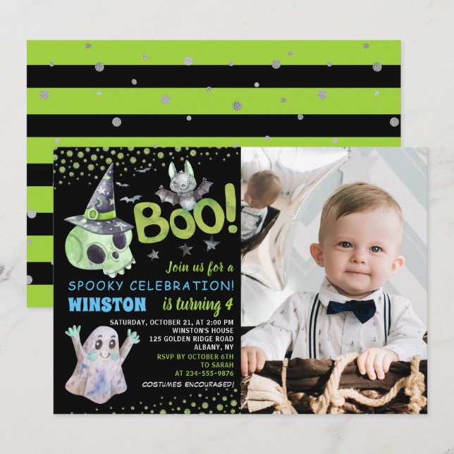 Spooky Green Skull Boy Halloween Foto Einladung (Vorne/Hinten)