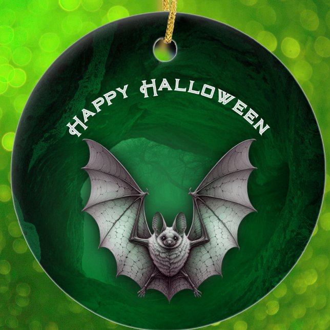 Spooky Grey Bat in Flight Green Haunted Cave Keramik Ornament (Spooky grey bat flying out of haunted glowing green cave on Halloween ceramic ornament.)