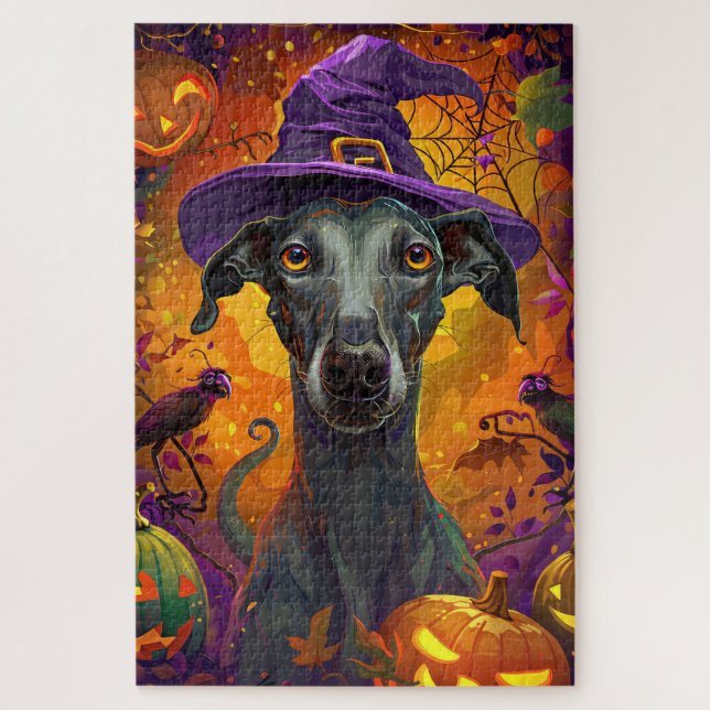Spooky Greyhound Hund Halloween Hexe und Pumpkin (Vertikal)