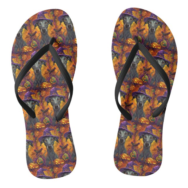 Spooky Greyhound Hund Halloween Hexe und Pumpkin Flip Flops (Fußbett)