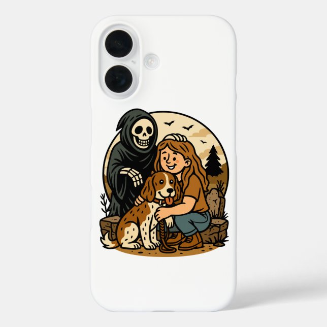 Spooky Grim Reaper with Girl and Dog Skeleton Art  iPhone 16 Hülle (Rückseite)