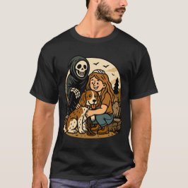 Spooky Grim Reaper with Girl and Dog Skeleton Art  T-Shirt