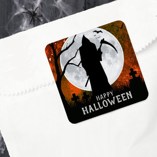 Spooky Grim Sensenmann Graveyard Halloween-Party Quadratischer Aufkleber