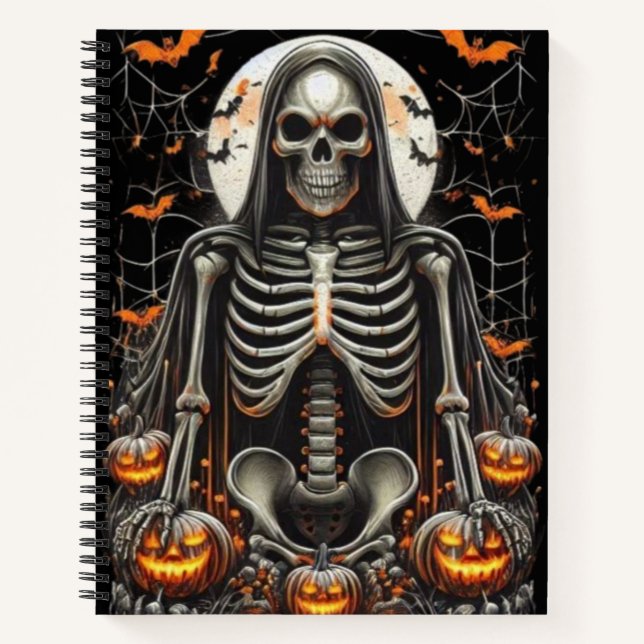 Spooky Grim Skeleton & Glows Pumpkins Halloween Notizbuch (Vorderseite)