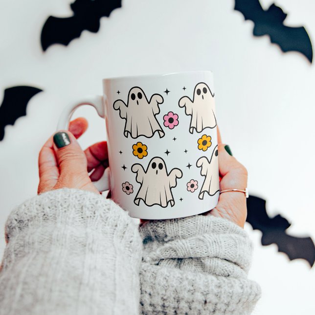 Spooky Groovy Ghosts & Blume Halloween Kaffeetasse (Von Creator hochgeladen)