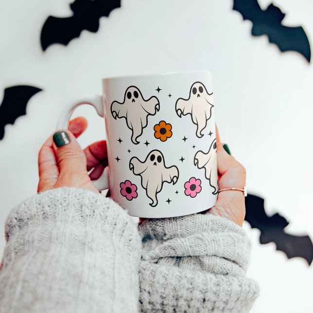 Spooky Groovy Ghosts & Blume Halloween Kaffeetasse (Von Creator hochgeladen)