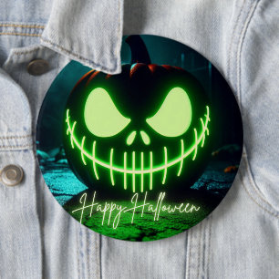 Spooky grün leuchtender Halloweenkürbis Button