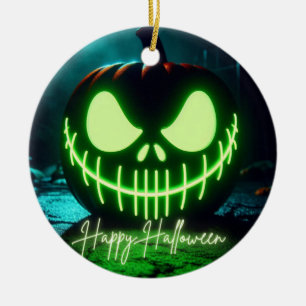 Spooky grün leuchtender Halloweenkürbis Keramik Ornament