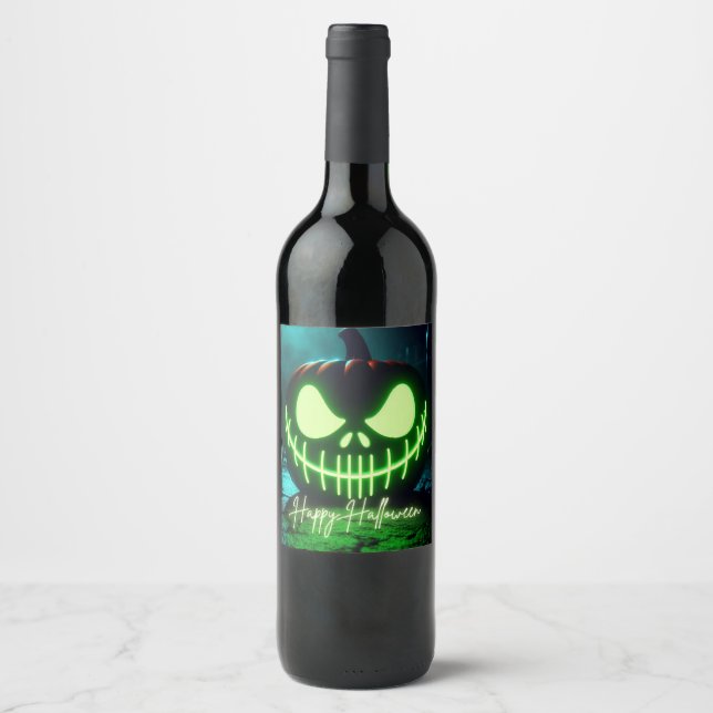 Spooky grün leuchtender Halloweenkürbis Weinetikett (Vorderseite)