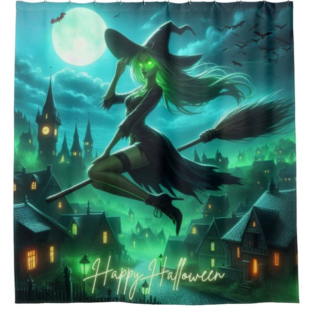 Spooky-grüne Aura Halloween-Hexe Duschvorhang (Vorderseite)