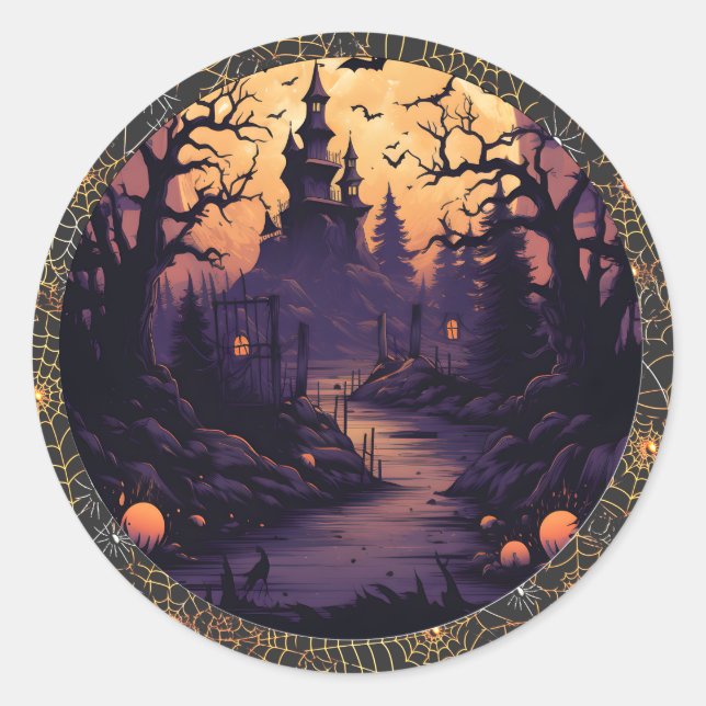Spooky Halloween-Aufkleber des Schlosses, Fledermä Runder Aufkleber (Vorderseite)