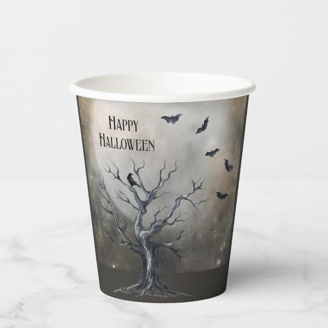 Spooky Halloween Baum mit Raven und Fledermäusen Pappbecher (Vorderseite)