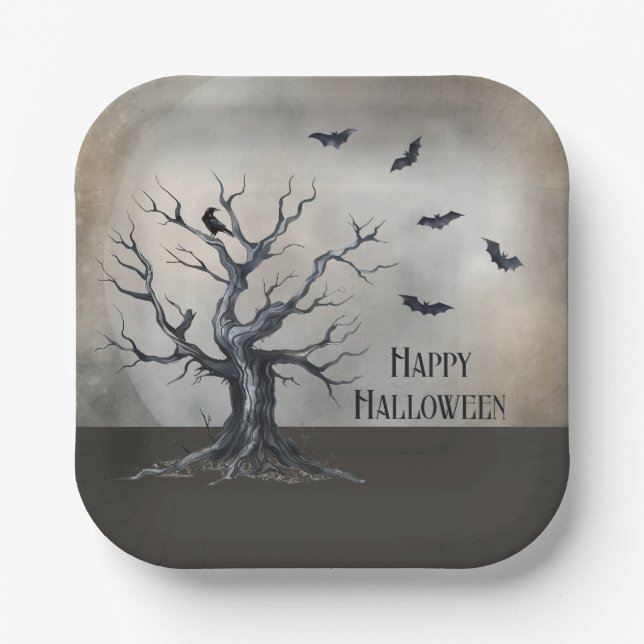 Spooky Halloween Baum mit Raven und Fledermäusen Pappteller (Vorderseite)