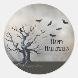 Spooky Halloween Baum mit Raven und Fledermäusen Runder Aufkleber