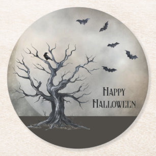 Spooky Halloween Baum mit Raven und Fledermäusen Runder Pappuntersetzer