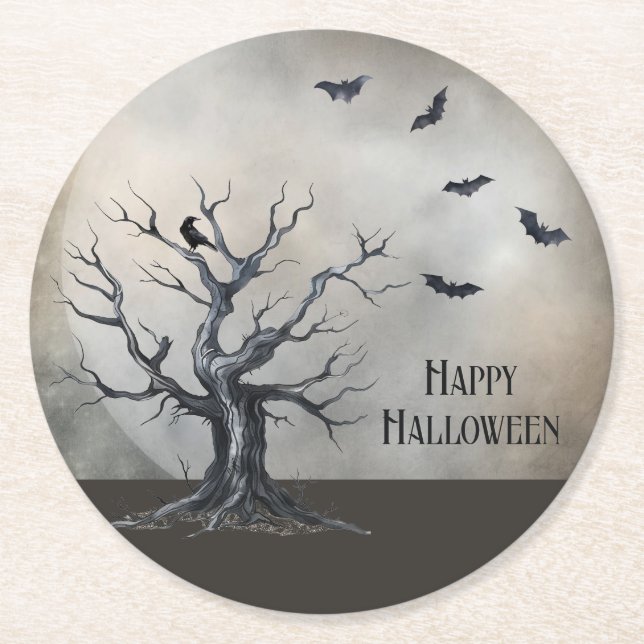 Spooky Halloween Baum mit Raven und Fledermäusen Runder Pappuntersetzer (Vorderseite)