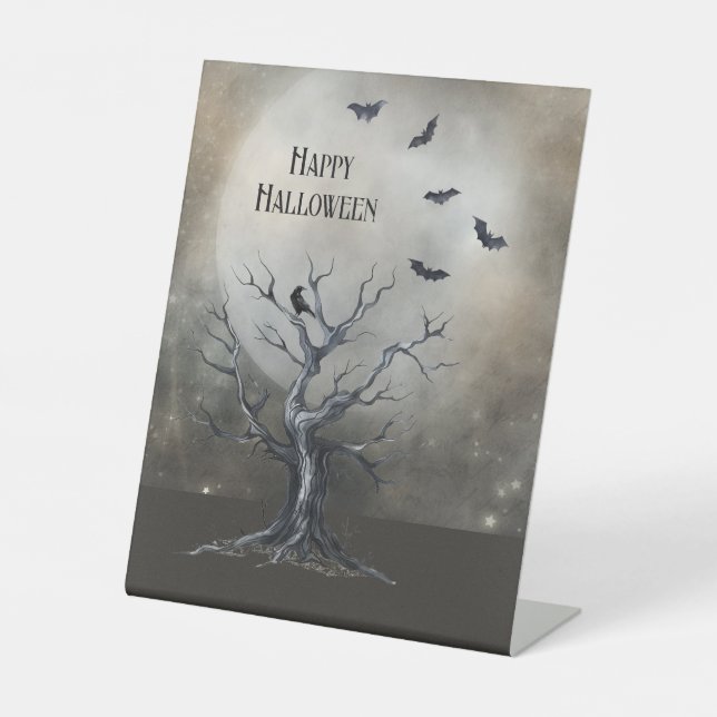 Spooky Halloween Baum mit Raven und Fledermäusen Sockelschild (Vorderseite)