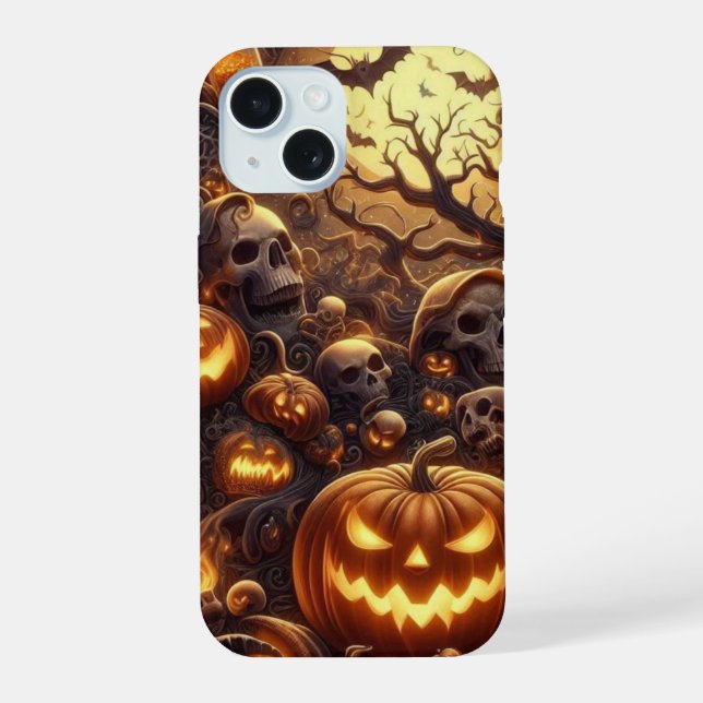 Spooky Halloween Baumstämme Skulpturen Kürbis Geis iPhone 15 Hülle (Rückseite)