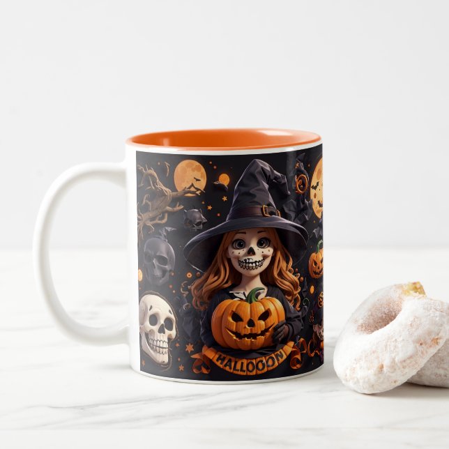 Spooky Halloween Boo Bat Pumpkin Skull Hexe Spide Zweifarbige Tasse (Mit Donut)