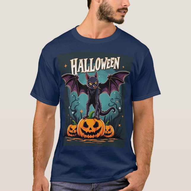 Spooky Halloween Cat: Bat Wings & Pumpkins T-Shirt (Vorderseite)