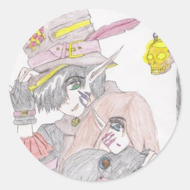 Spooky Halloween Couple Zeichnend Runder Aufkleber (Vorderseite)