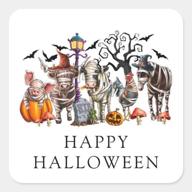 Spooky Halloween Farm Animals Quadratischer Aufkleber (Vorderseite)
