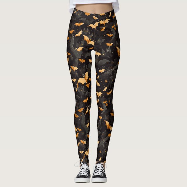 Spooky Halloween Flying Bats Black Orange White Leggings (Vorderseite)