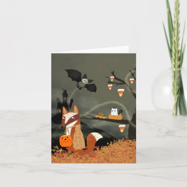 Spooky Halloween Fox and Bat BLANK Grußkarte Dankeskarte (Vorderseite)