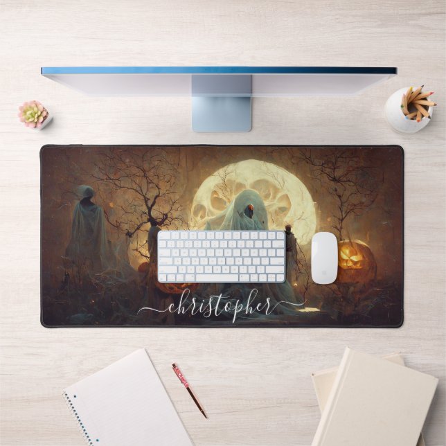 Spooky Halloween Ghost mit Pumpkins Halloween Schreibtischunterlage (Büro 1)