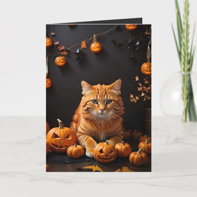 Spooky Halloween Ginger Cat und Pumpkins Holiday Karte (Vorderseite)