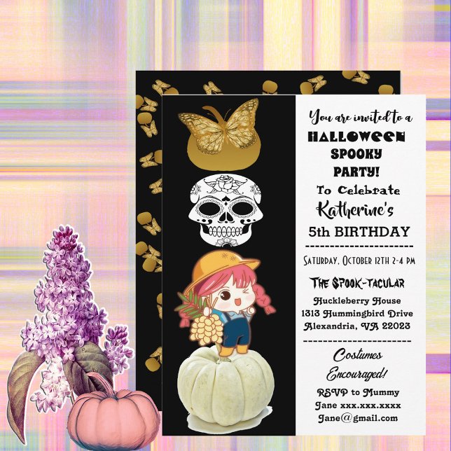 Spooky Halloween Girl Gold Pumpkins Party Einladung (Spooky Halloween Birthday Girl Gold Pumpkins Party Invitation)