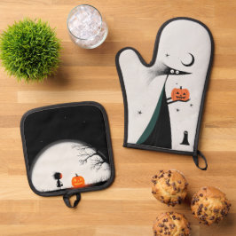 Spooky Halloween Hexe und Pumpkin Ofenhandschuh & Topflappen-Set