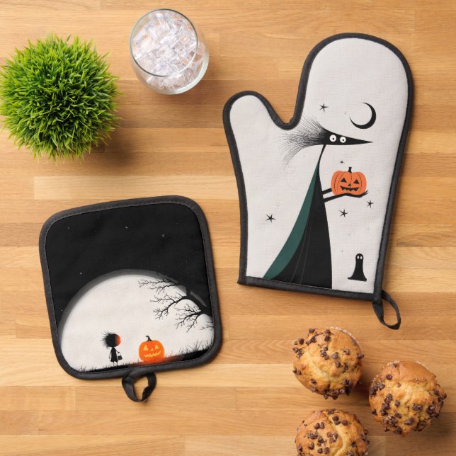 Spooky Halloween Hexe und Pumpkin Ofenhandschuh & Topflappen-Set (Oben Unten)