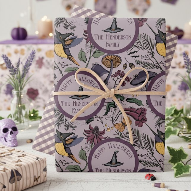 Spooky Halloween Hummingbird & Butterfly Garden Geschenkpapier Set (Happy Halloween Wrapping Paper. Hummingbird Witch, Flower, Pine, Mushroom Fall Autumn Colors Pattern)