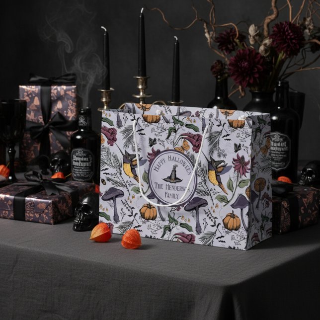 Spooky Halloween Hummingbird Garden Lila Große Geschenktüte (Spooky Hummingbird & Flowers Fall Pattern Halloween Gift Bag. Hummingbird with Witch Hat, Pumpkins)