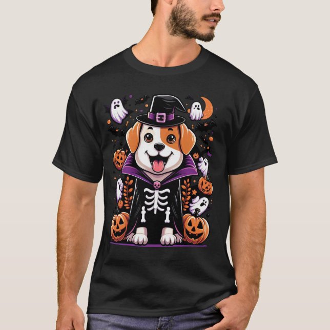 Spooky Halloween Hund in SkelettKostüm T-Shirt (Vorderseite)